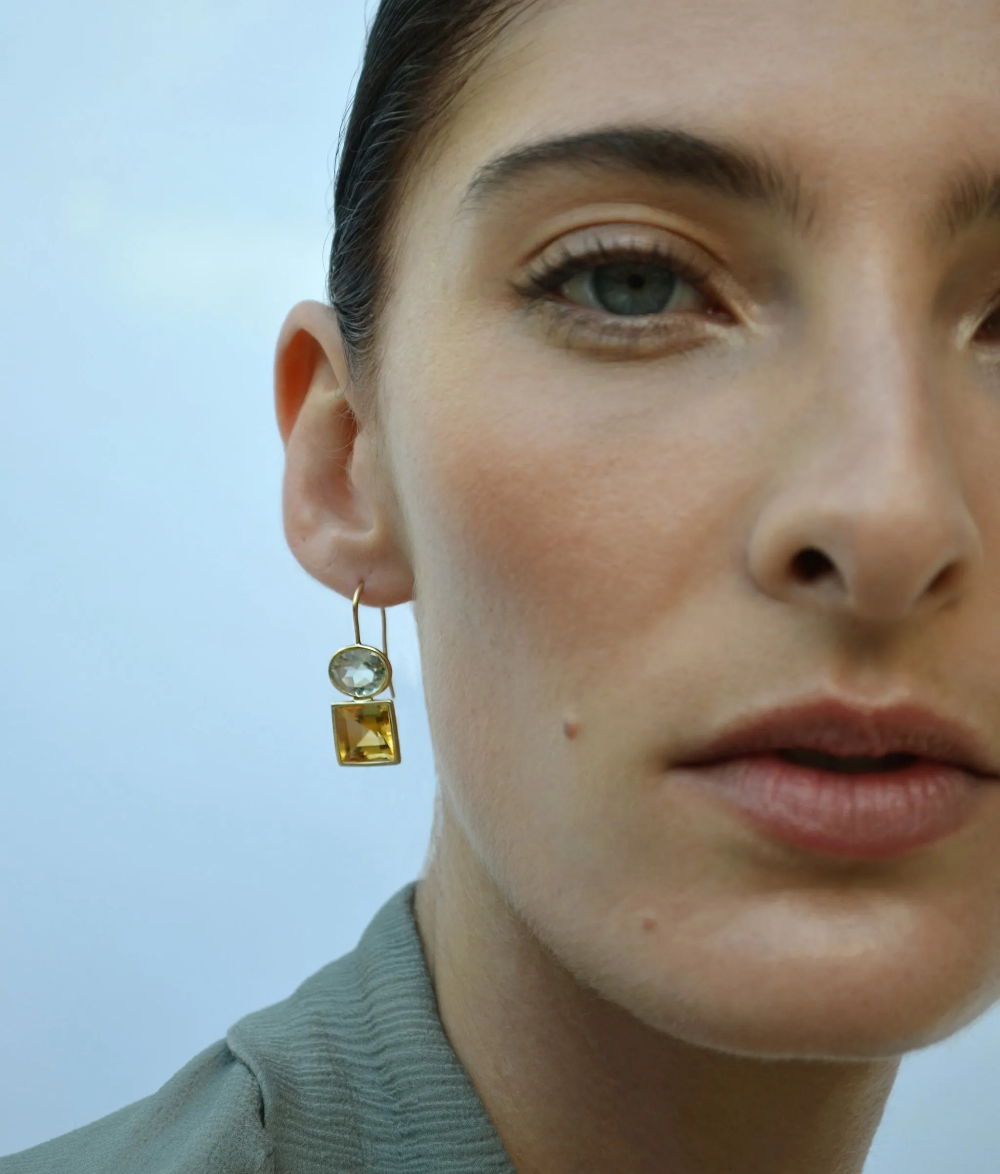 14k Gold Duo Earrings in Green Amethyst & Citrine