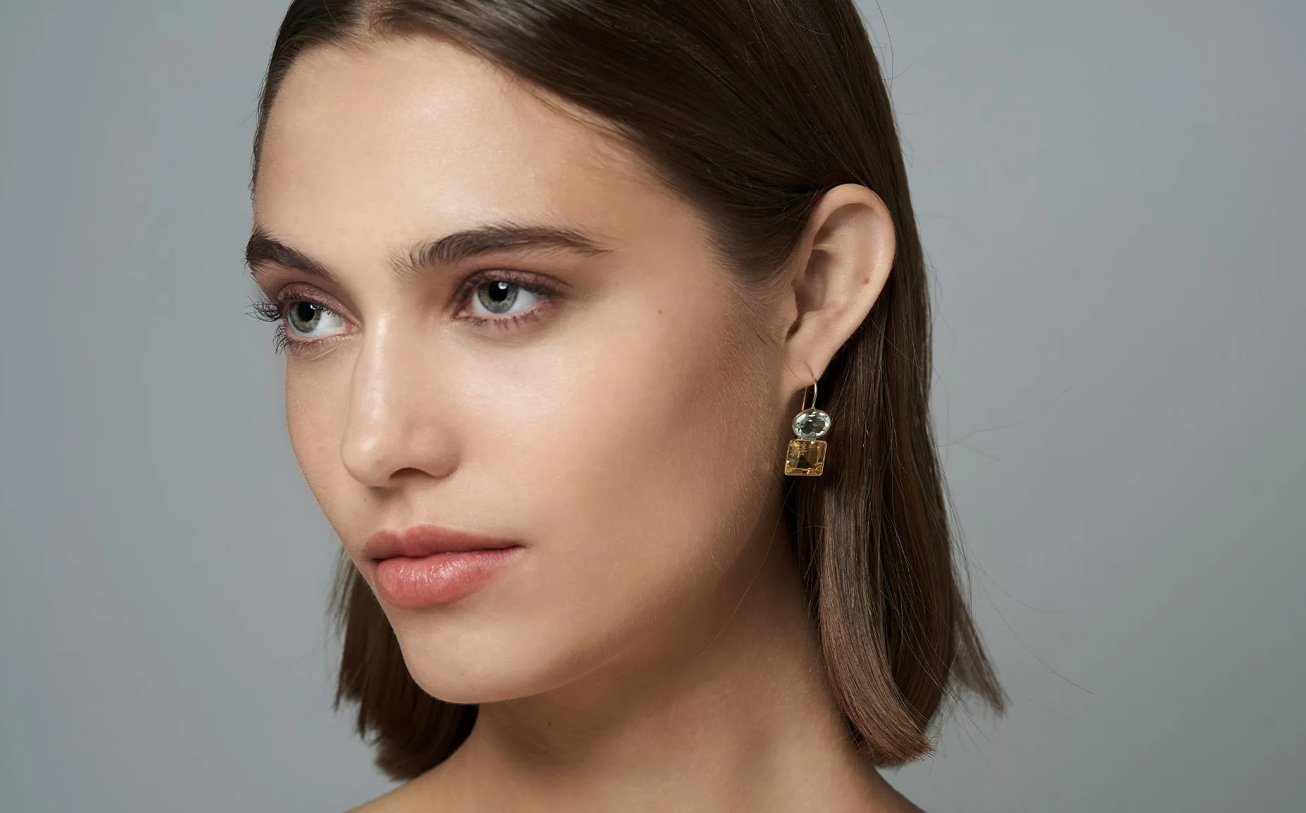 14k Gold Duo Earrings in Green Amethyst & Citrine