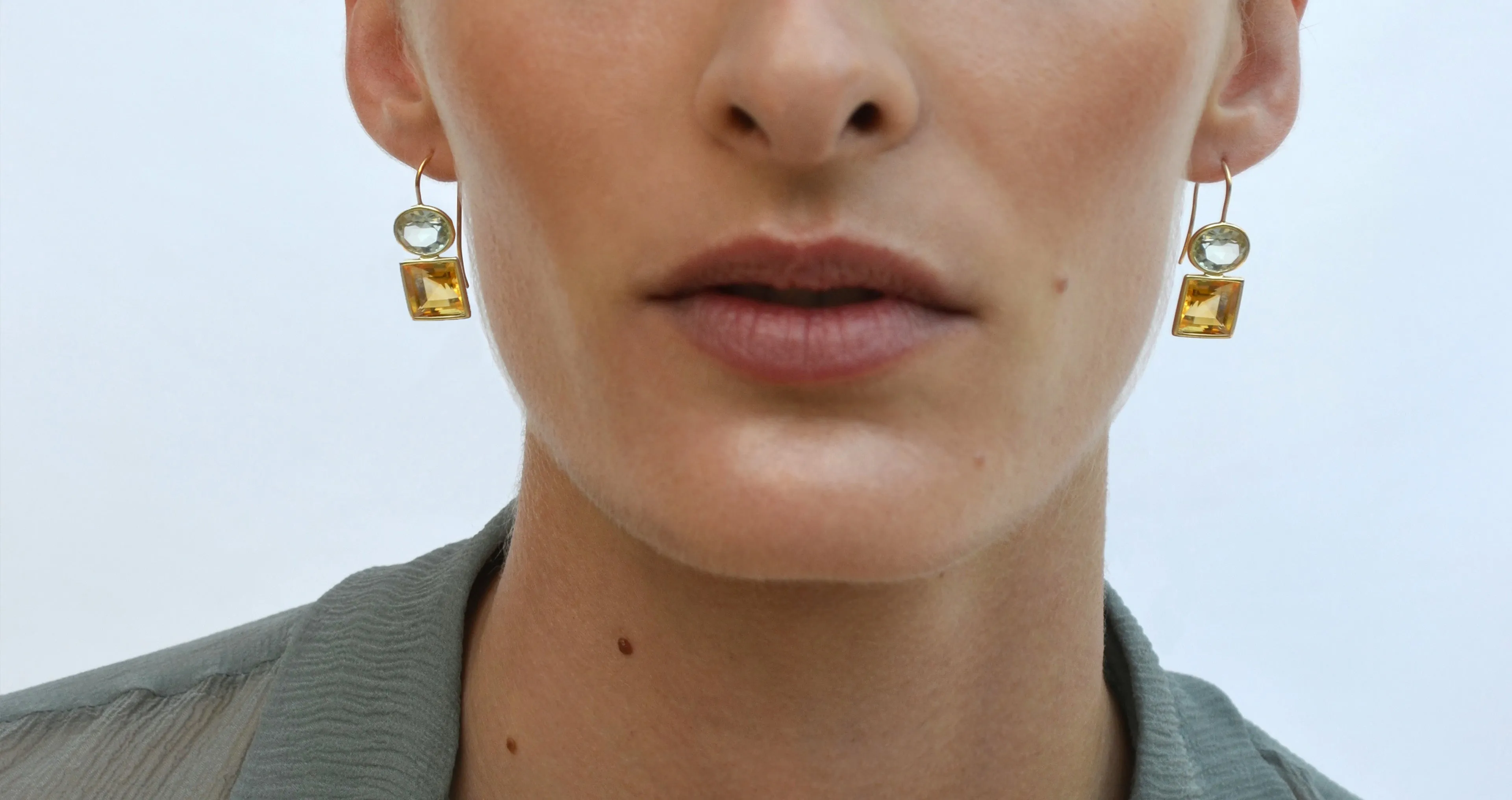 14k Gold Duo Earrings in Green Amethyst & Citrine