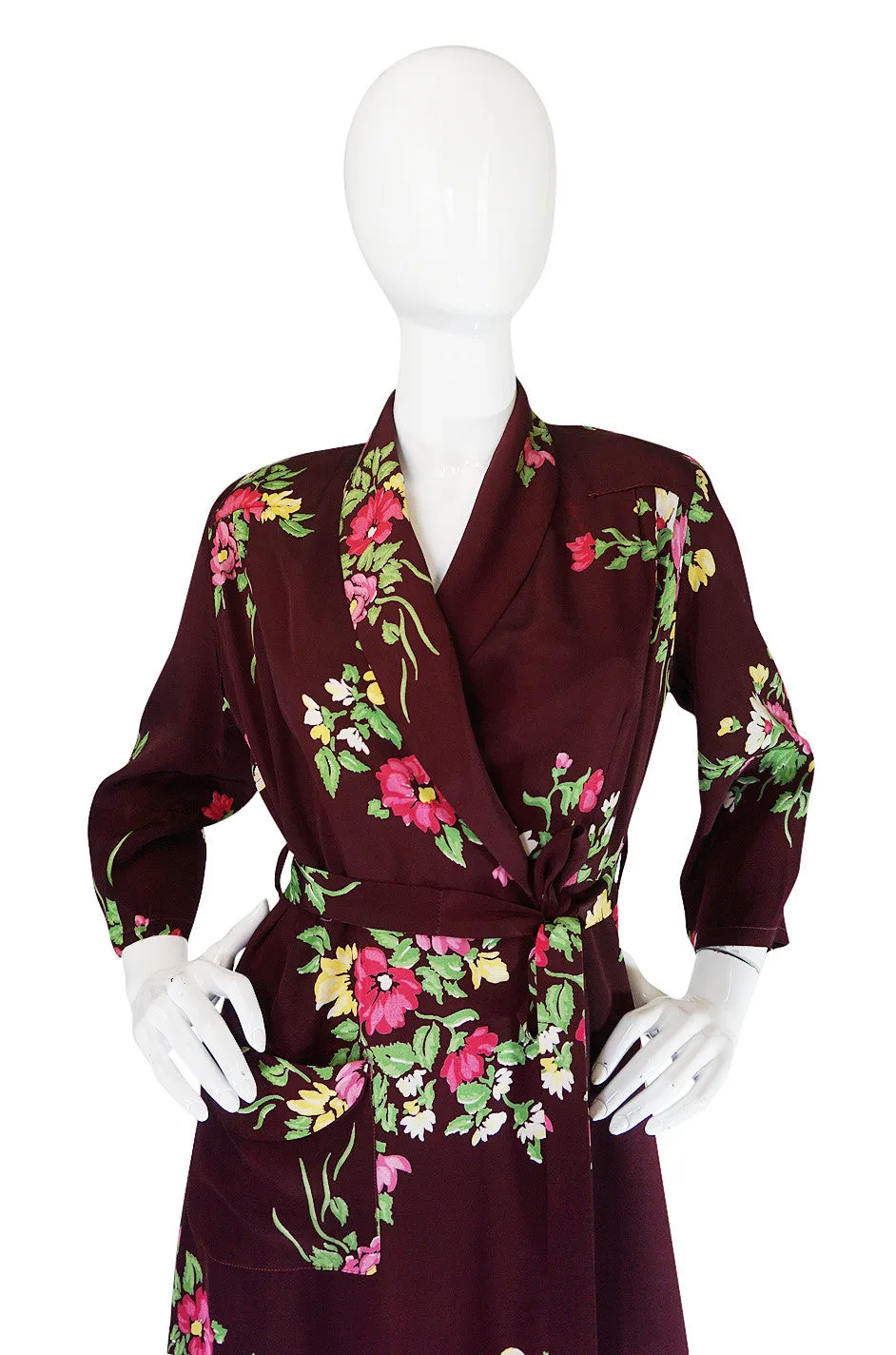 1940s Floral Rayon Wrapped & Belted Day Dress