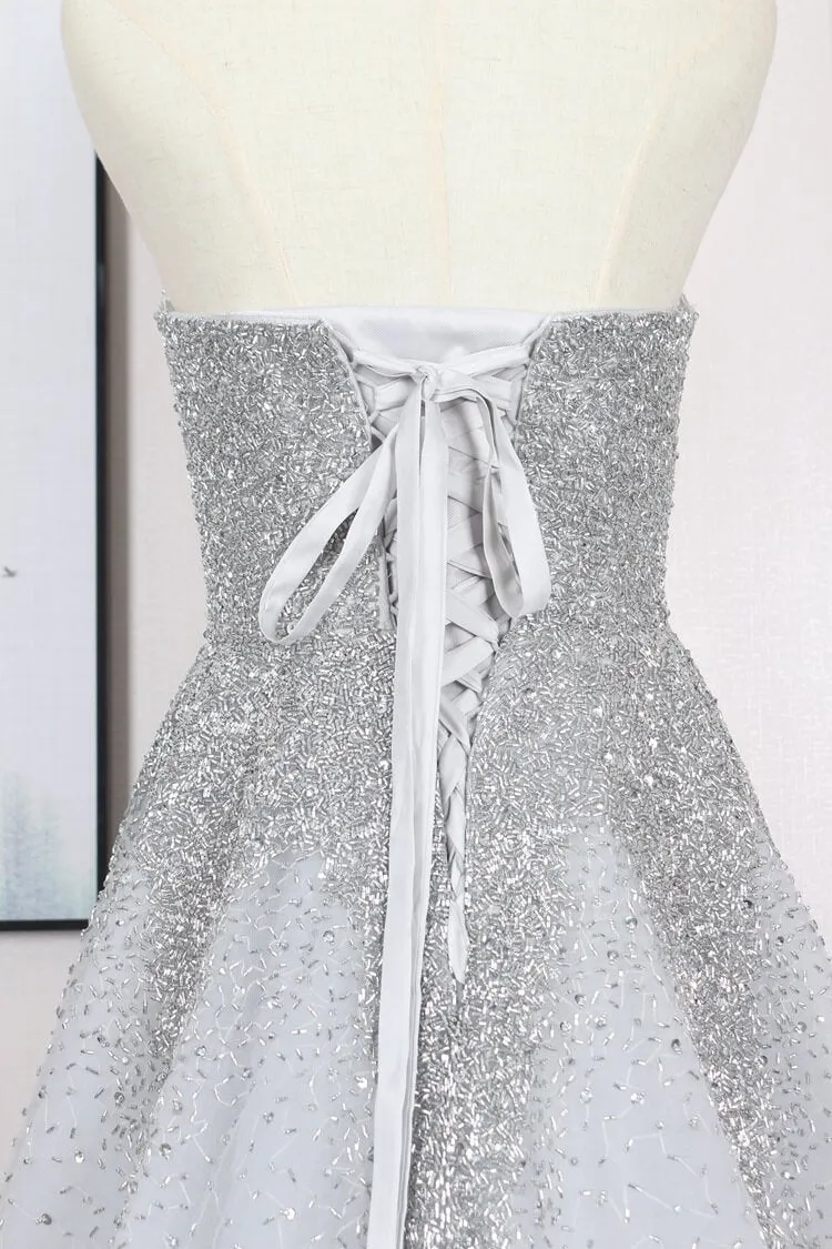 2 Piece Beaded Silver Prom Dresses with Detachable Cape FD2493