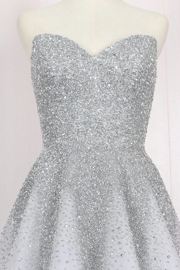 2 Piece Beaded Silver Prom Dresses with Detachable Cape FD2493