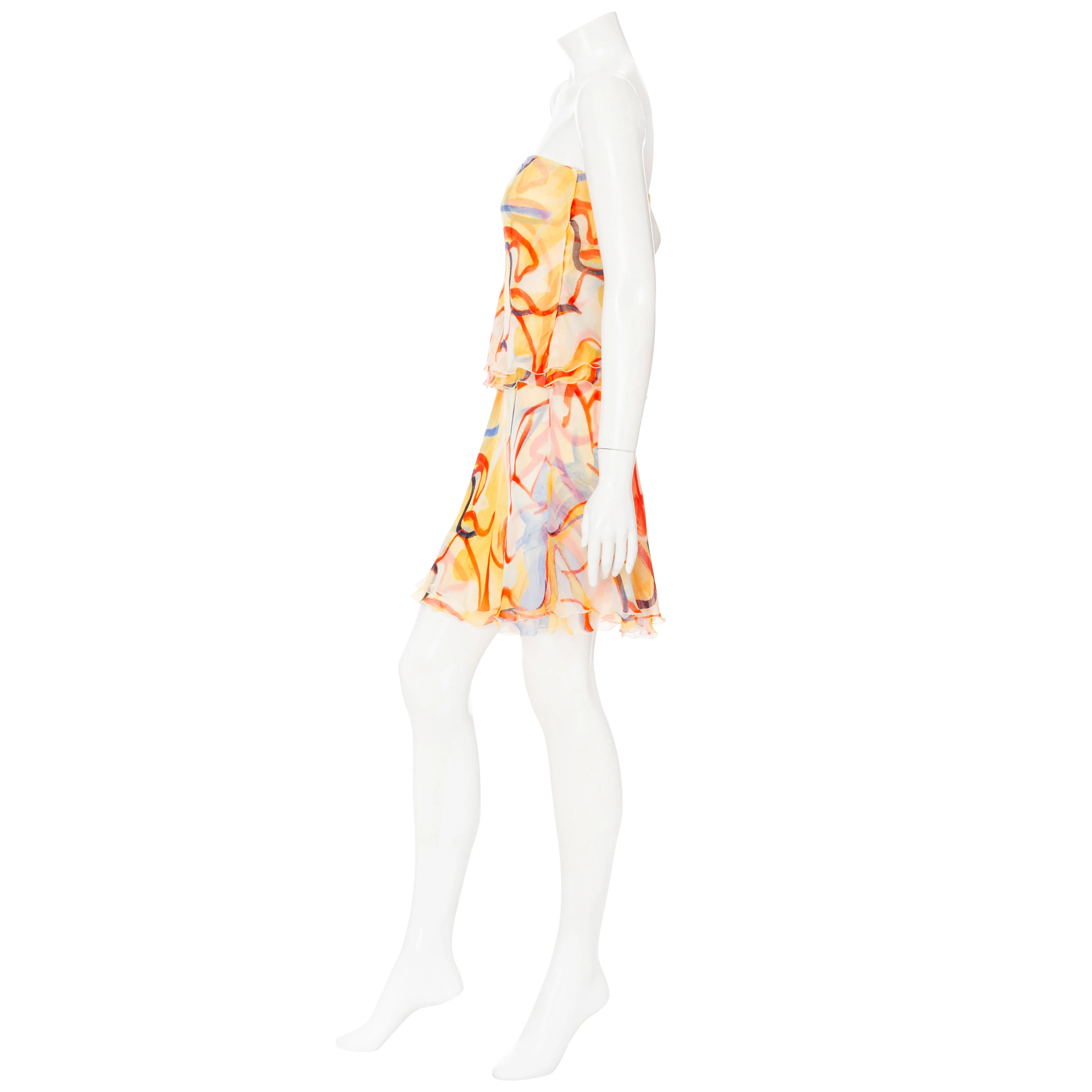 2003 Multicolored Silk Abstract-Print Strapless Mini Dress