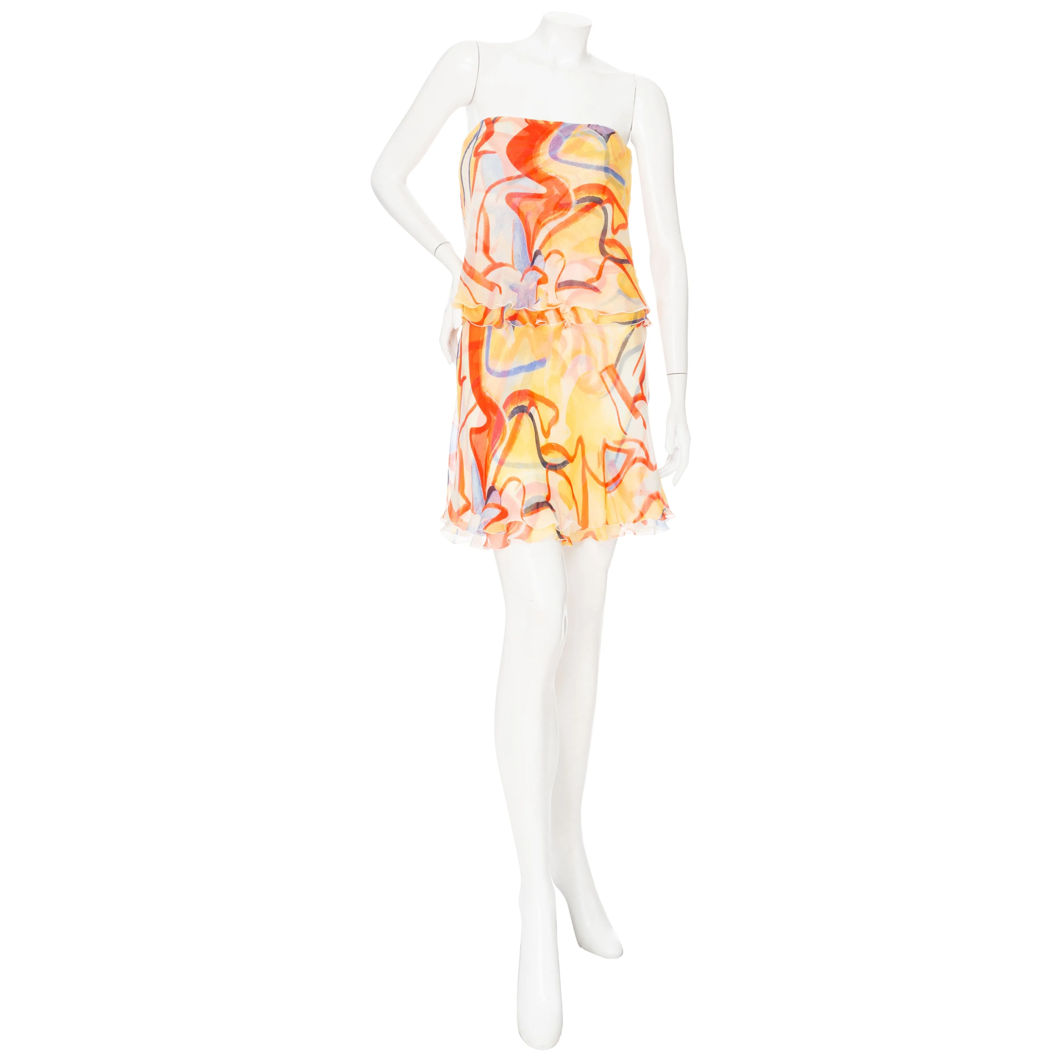 2003 Multicolored Silk Abstract-Print Strapless Mini Dress