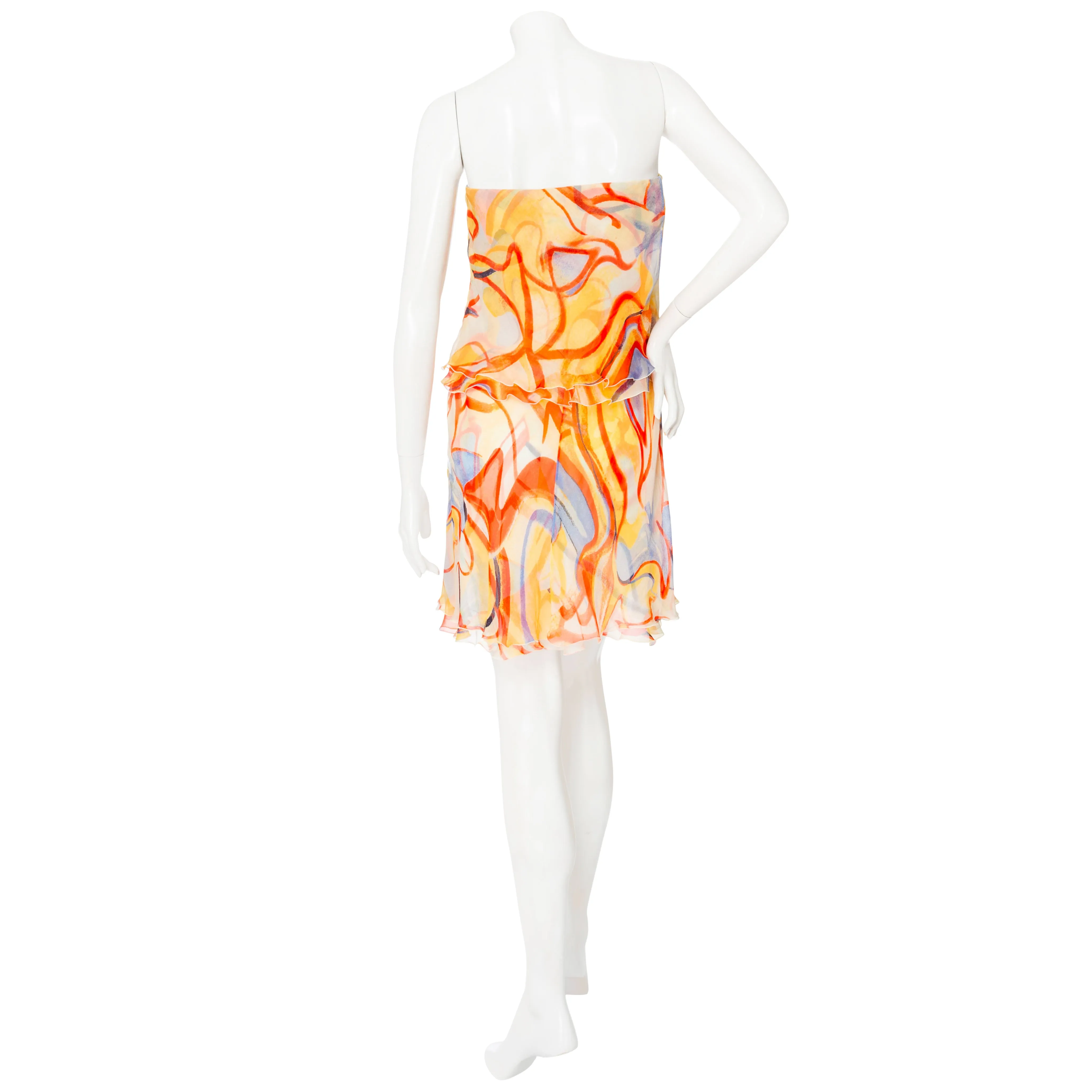 2003 Multicolored Silk Abstract-Print Strapless Mini Dress