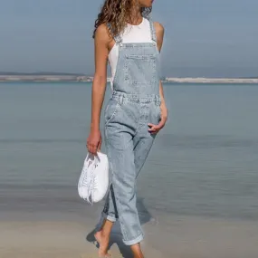 2021 New Fashion Lady Blue Denim Overalls Jumpsuit Rompers Belted Hole Hollow Out Pocket Women Casual Female Pants Hot