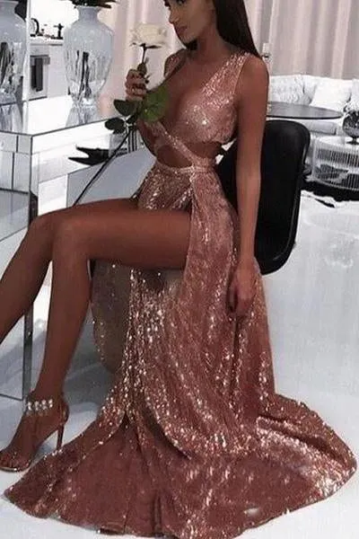 2024 Charming Sexy Sequin Sparkly Simple Rose Gold and Black Split Fashion Prom Dresses JS452