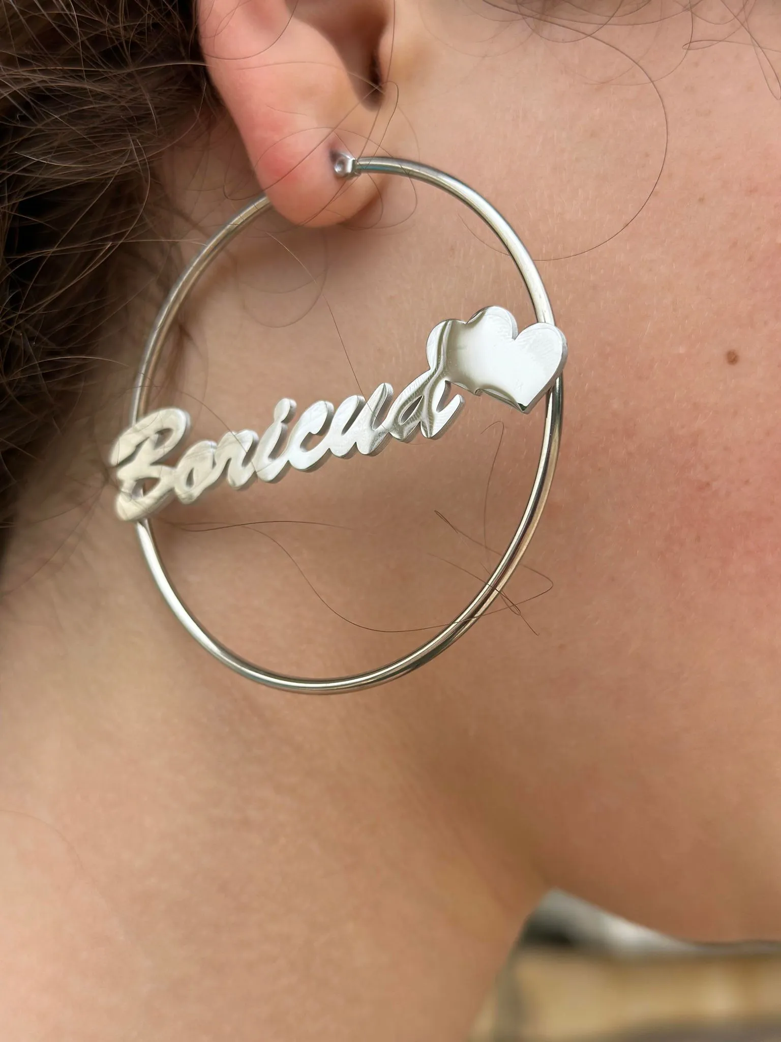 2.5" Silver Double Heart Hoop Boricua Earrings