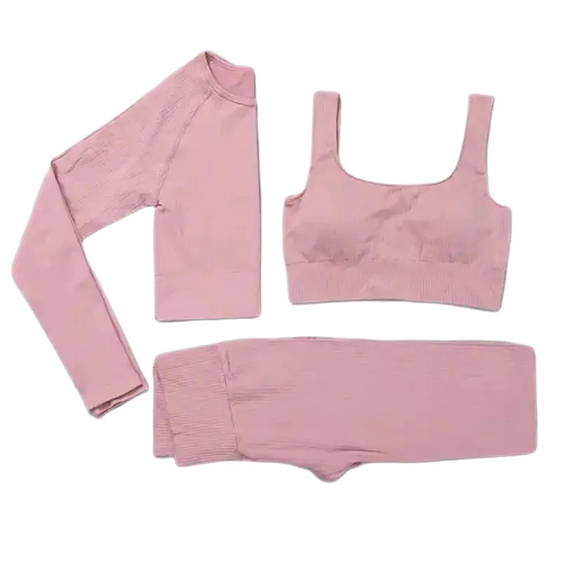 3 Piece Set Seamless Crop Top Leggings Long Sleeve Crop Top