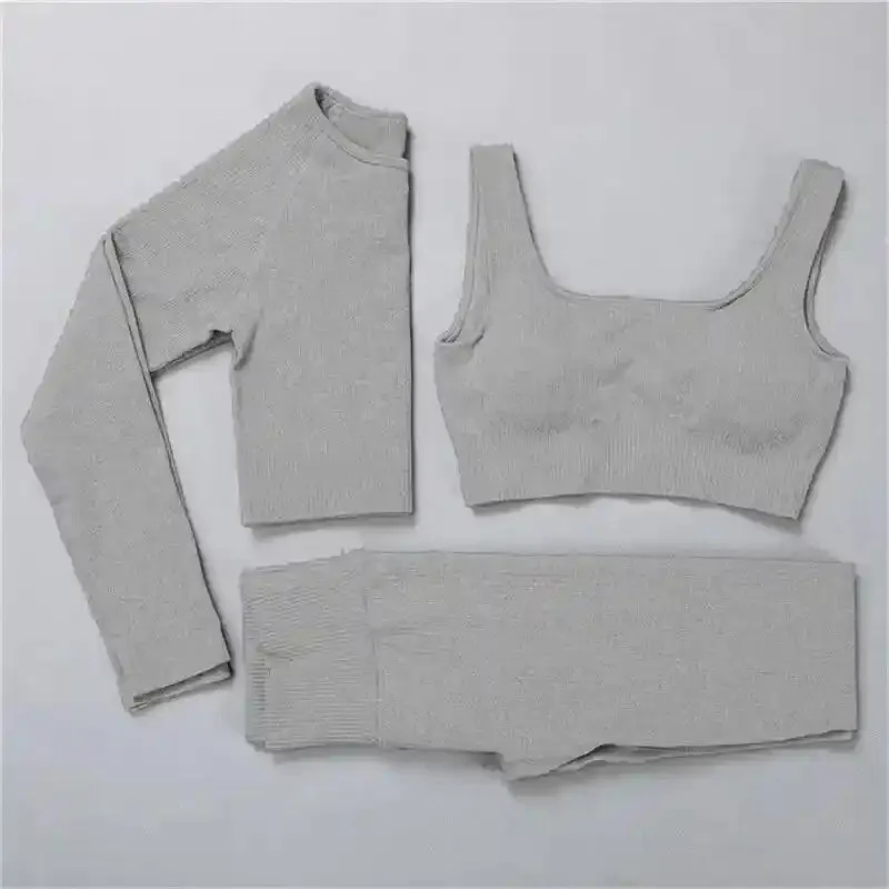 3 Piece Set Seamless Crop Top Leggings Long Sleeve Crop Top