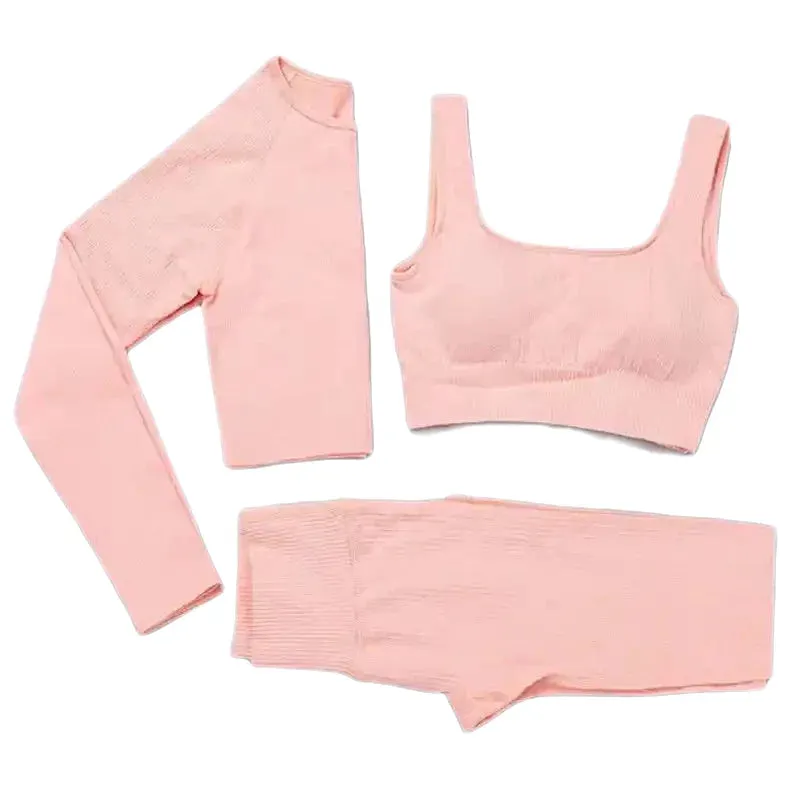 3 Piece Set Seamless Crop Top Leggings Long Sleeve Crop Top