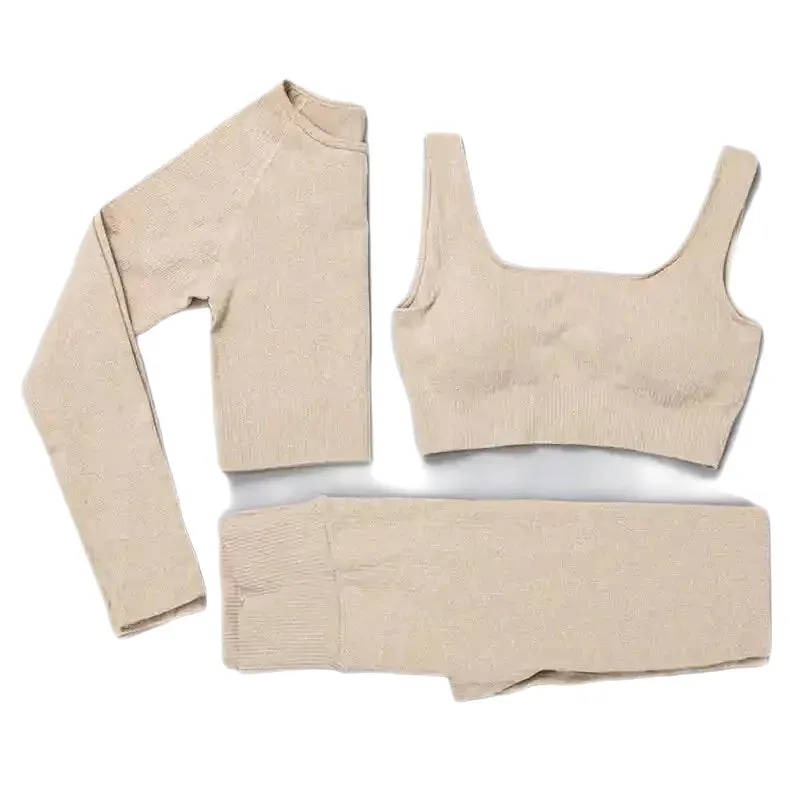 3 Piece Set Seamless Crop Top Leggings Long Sleeve Crop Top