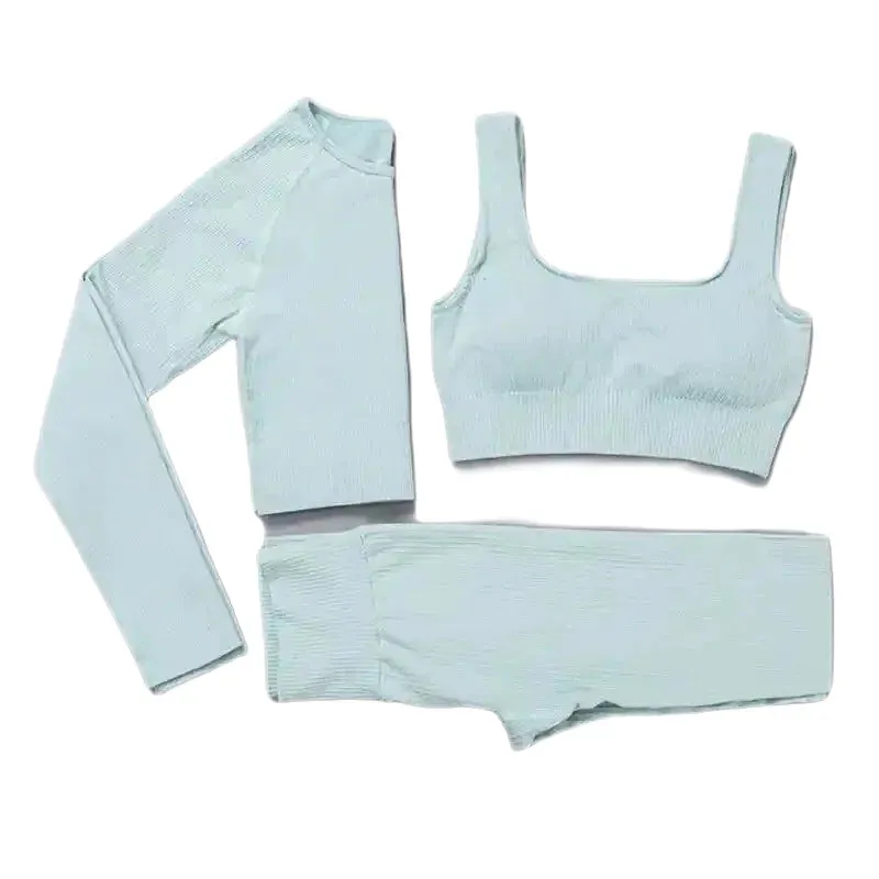 3 Piece Set Seamless Crop Top Leggings Long Sleeve Crop Top