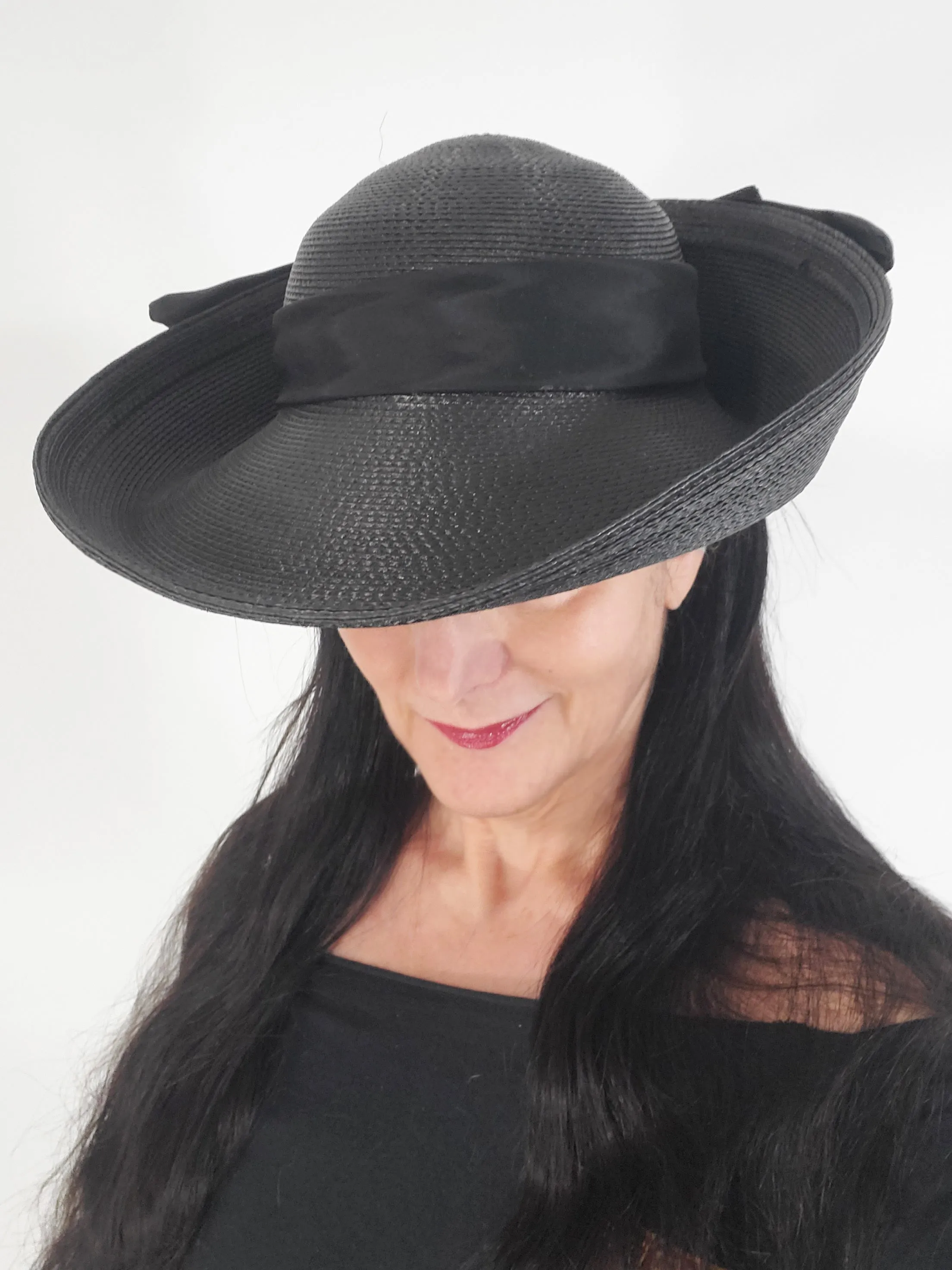 80s Black Straw Wide Brim Hat