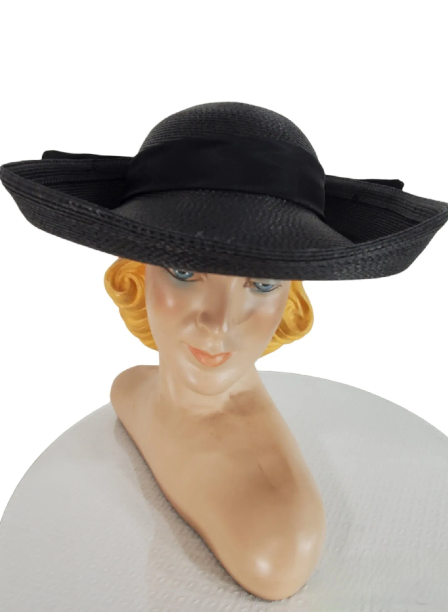 80s Black Straw Wide Brim Hat