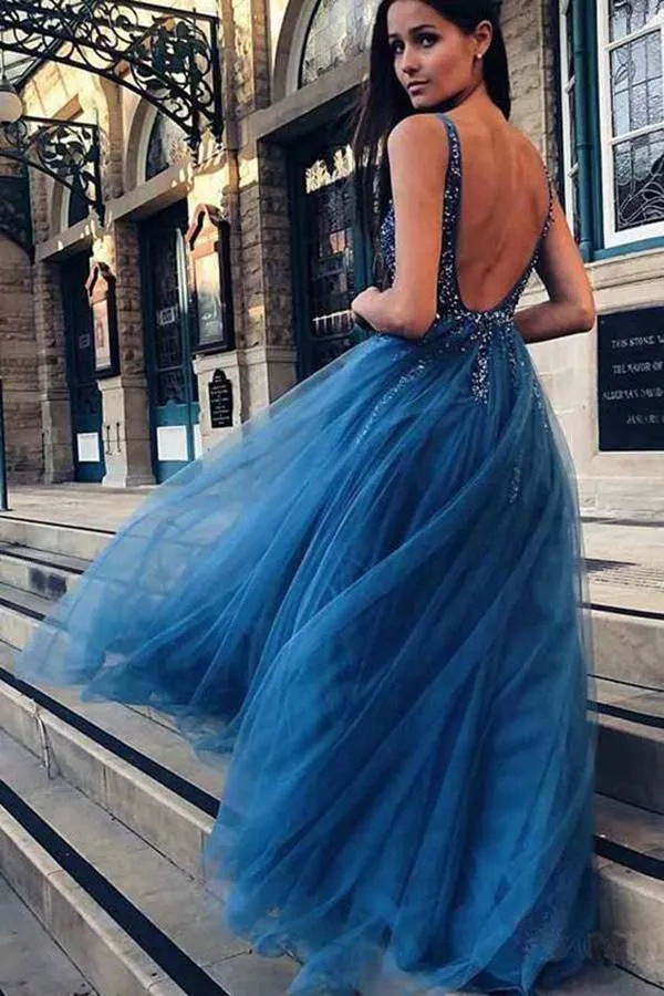 A Line Blue V Neck Beading Tulle Long Vintage Backless Prom Dresses