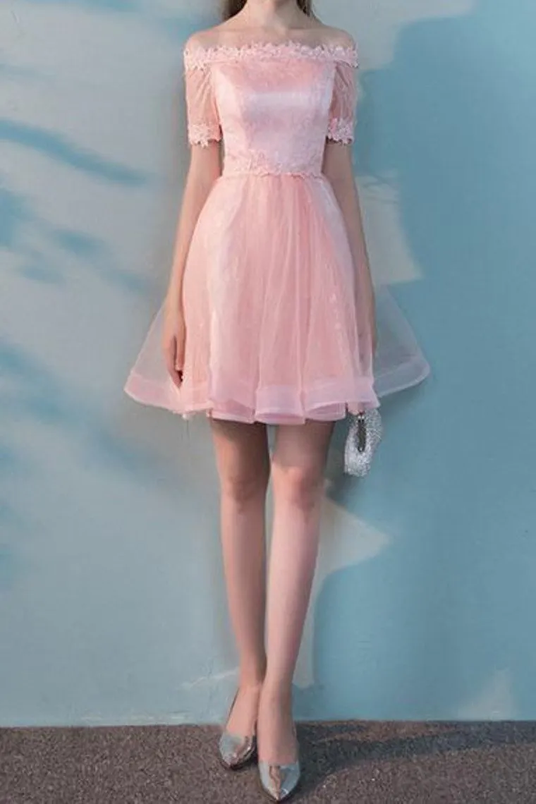 A Line Boat Neck Tulle With Applique Homecoming Dresses Short Sleeves