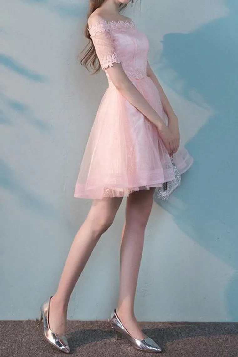 A Line Boat Neck Tulle With Applique Homecoming Dresses Short Sleeves