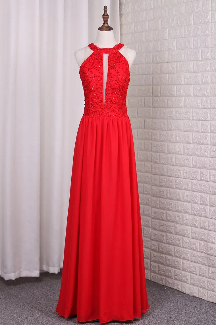 A Line Chiffon Scoop Prom Dresses With Applique And Beads