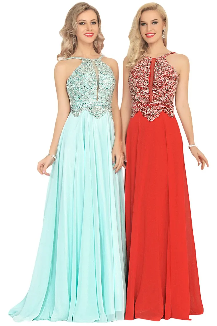 A Line Chiffon Spaghetti Straps Prom Dresses With Beading Floor Length