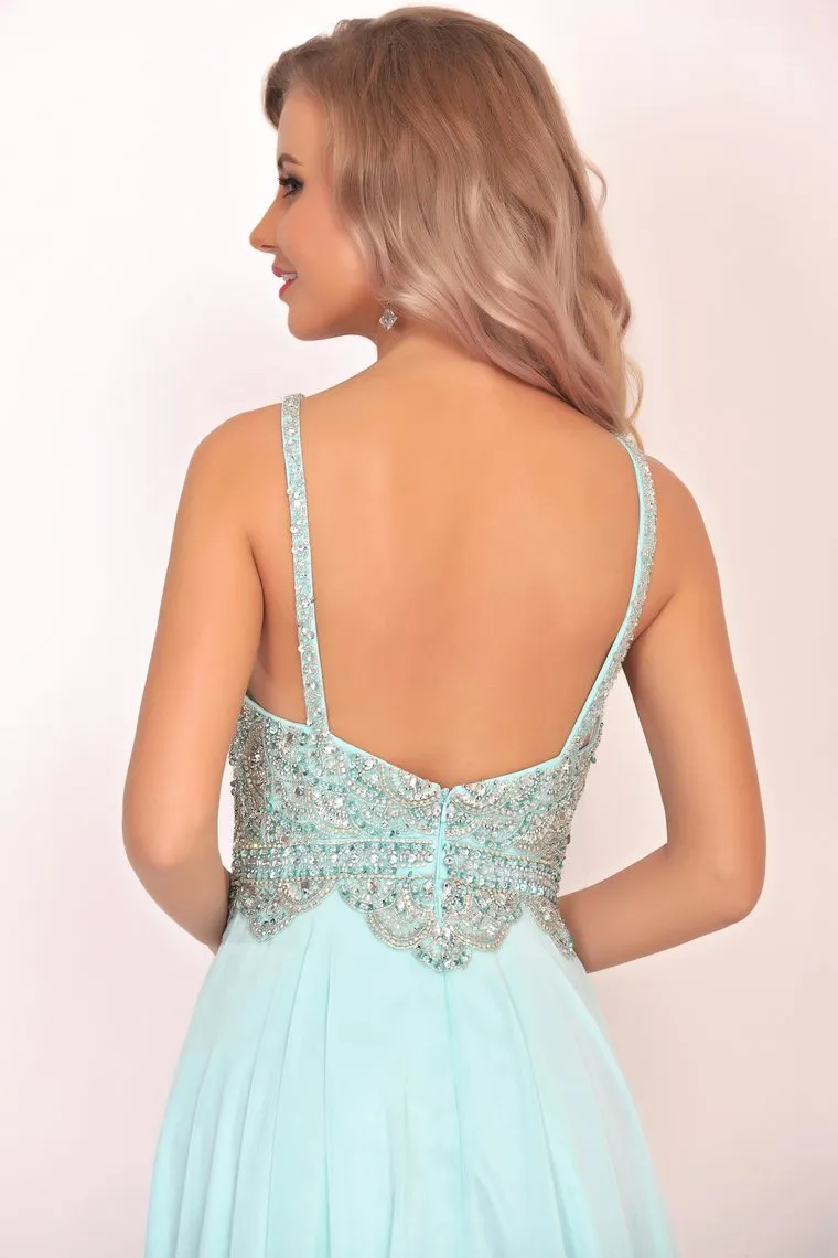 A Line Chiffon Spaghetti Straps Prom Dresses With Beading Floor Length