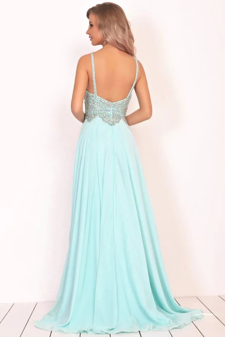 A Line Chiffon Spaghetti Straps Prom Dresses With Beading Floor Length