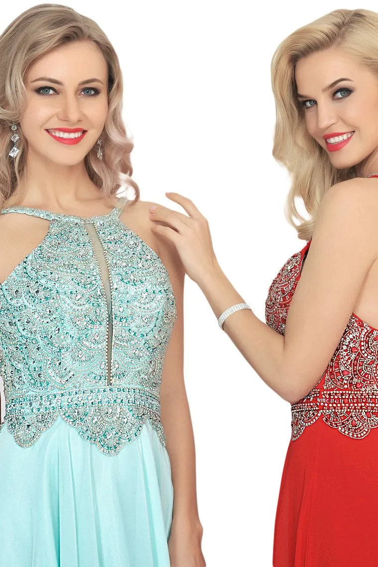 A Line Chiffon Spaghetti Straps Prom Dresses With Beading Floor Length