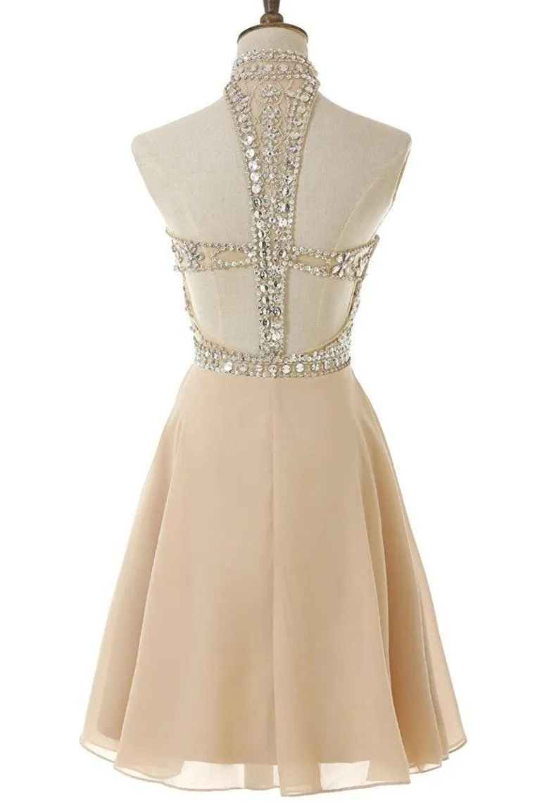 A Line High Neck Homecoming Dresses Chiffon With Beading Short/Mini