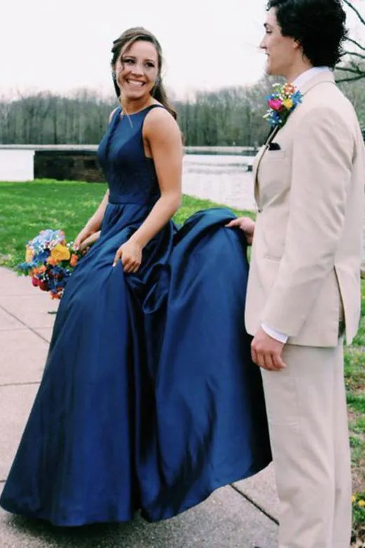 A Line Jewel Sleeveless Prom Dresses Long Cheap Navy Blue Satin Backless Evening Dresses JS483