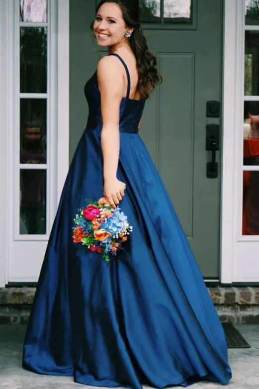 A Line Jewel Sleeveless Prom Dresses Long Cheap Navy Blue Satin Backless Evening Dresses JS483