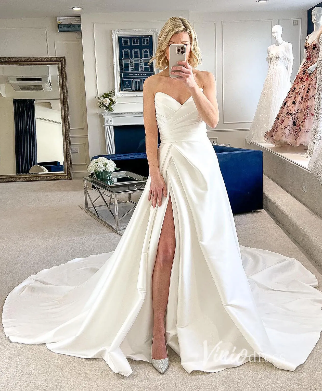 A-line Satin Wedding Dresses with Slit Strapless Wedding Gown VW2130