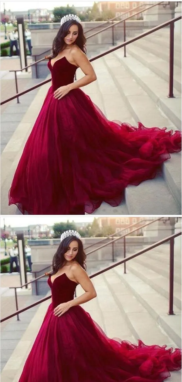 A-line V-neck Dark Red Tulle Prom Dresses,Cheap Prom Dresses,PDY0474