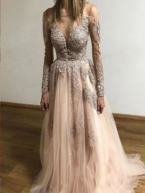 A-line V-neck Light Pink Lace Evening Dresses,Cheap Prom Dresses,PDY0635