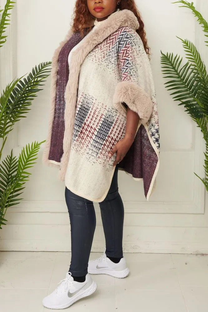 Abstract Dogtooth Pattern Faux Fur Hooded Poncho