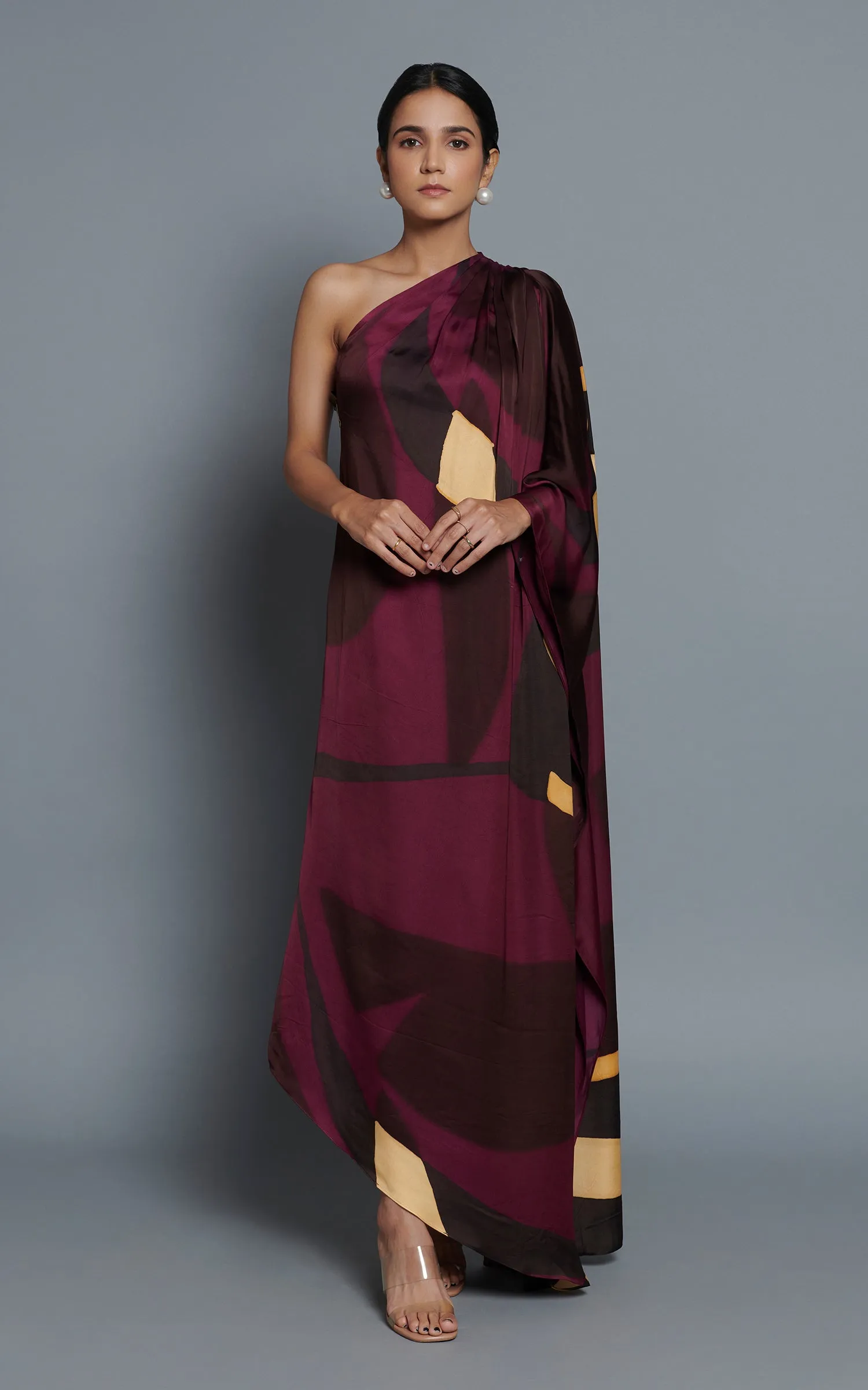 Abstract Printed Maroon One Shoulder Drape