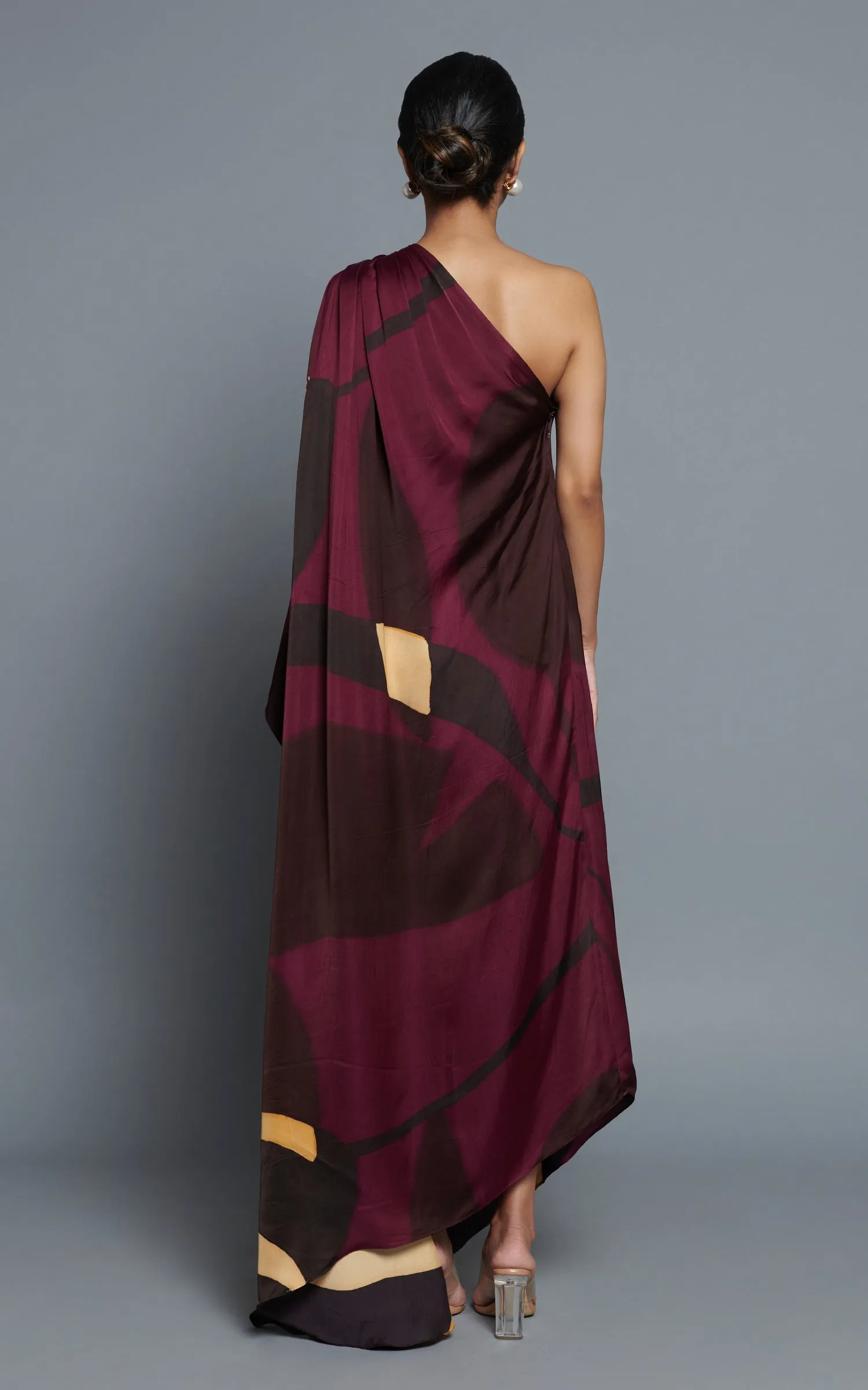 Abstract Printed Maroon One Shoulder Drape