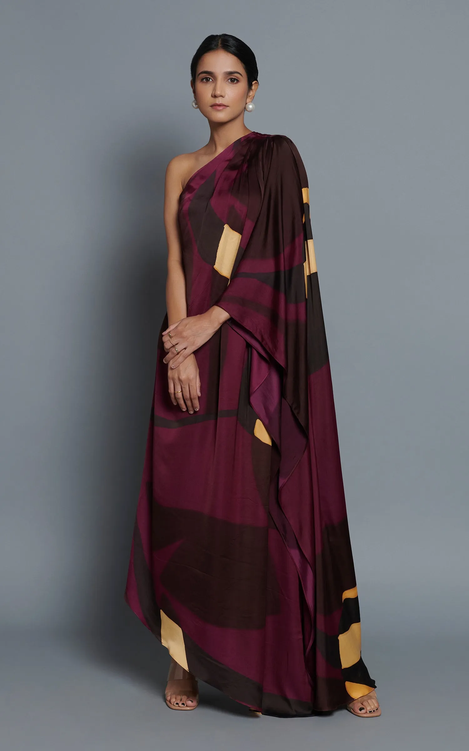 Abstract Printed Maroon One Shoulder Drape