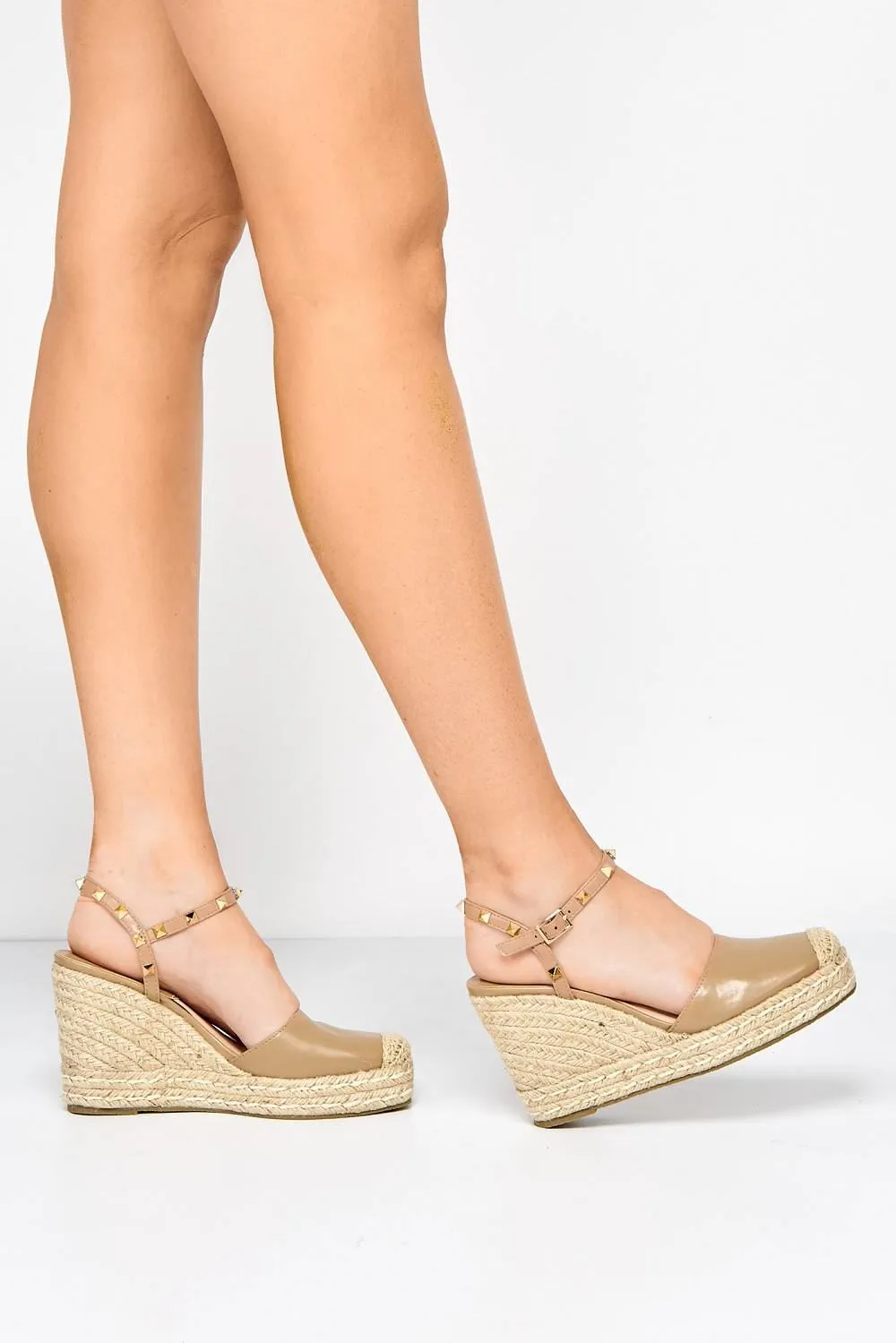 Alala Round Toe Studded Anklestrap Espadrille Wedge in Taupe