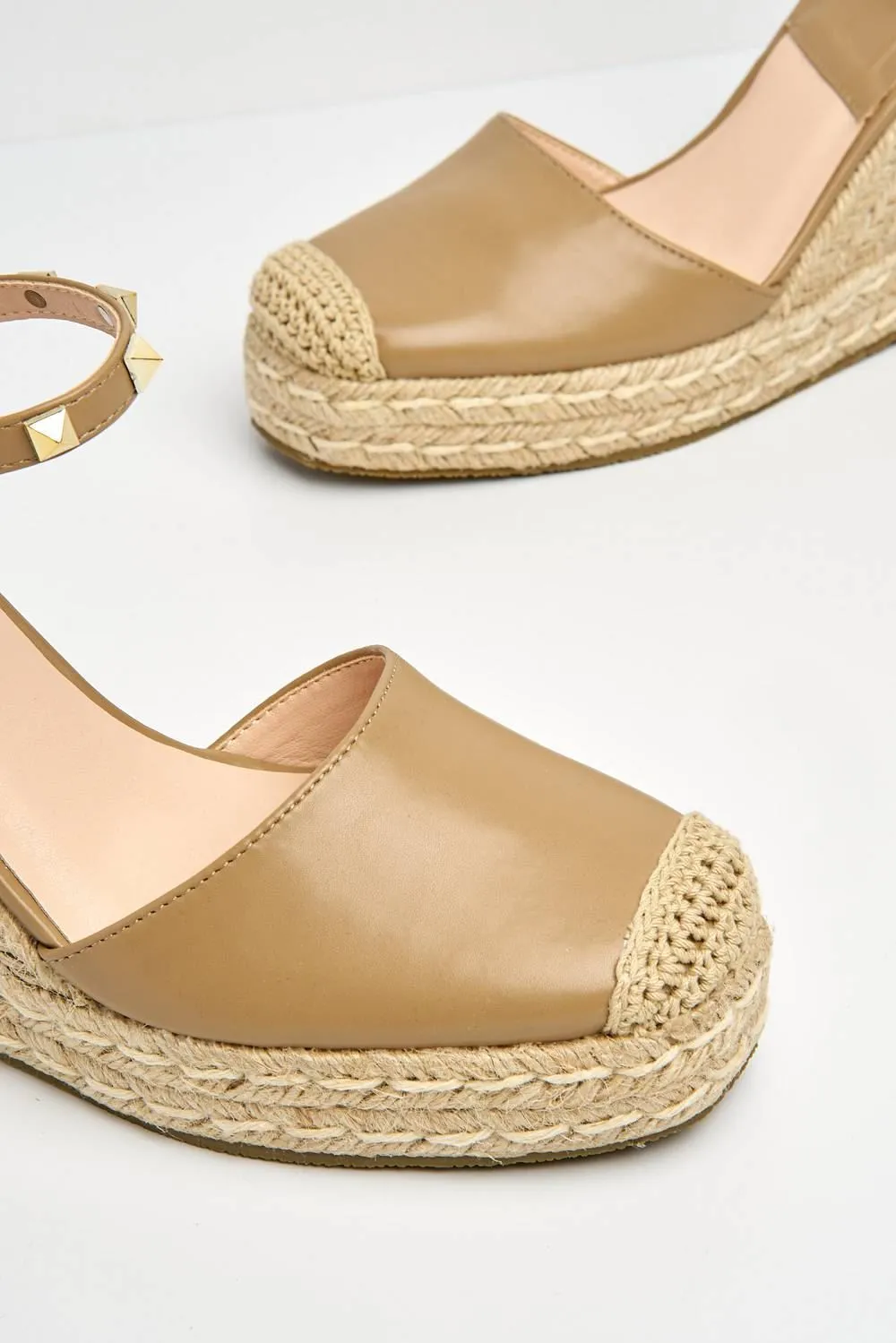 Alala Round Toe Studded Anklestrap Espadrille Wedge in Taupe