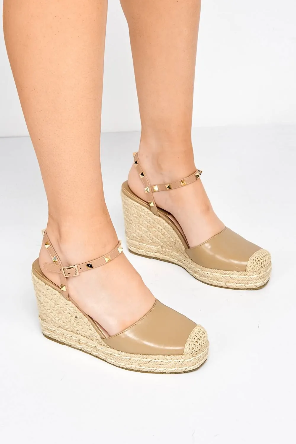 Alala Round Toe Studded Anklestrap Espadrille Wedge in Taupe