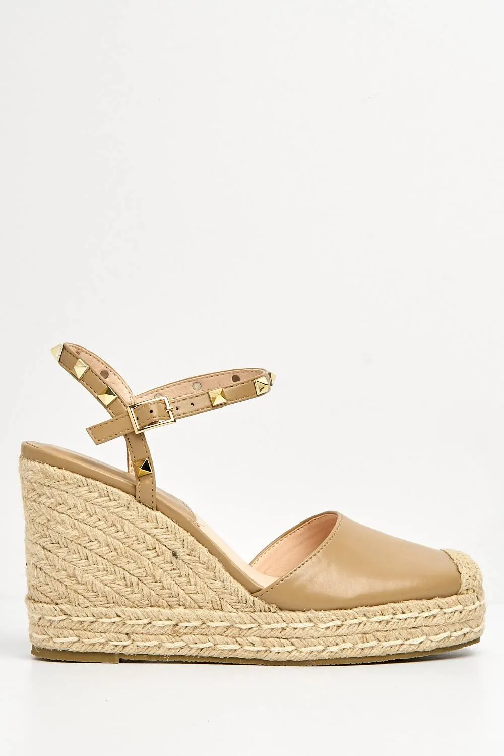 Alala Round Toe Studded Anklestrap Espadrille Wedge in Taupe