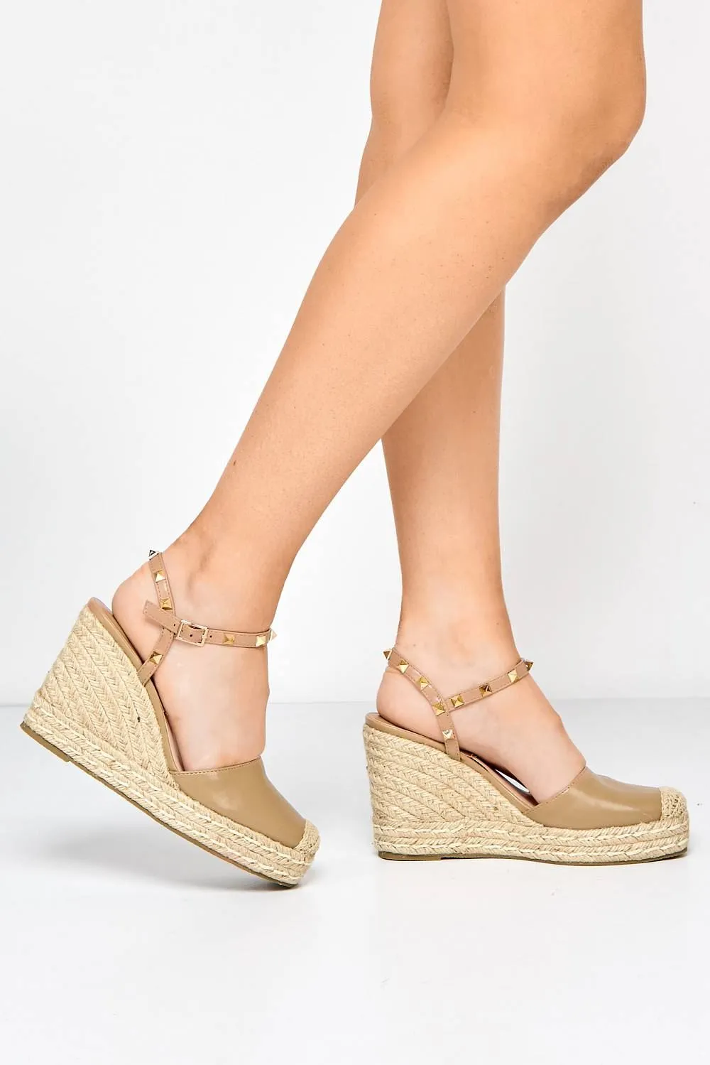 Alala Round Toe Studded Anklestrap Espadrille Wedge in Taupe