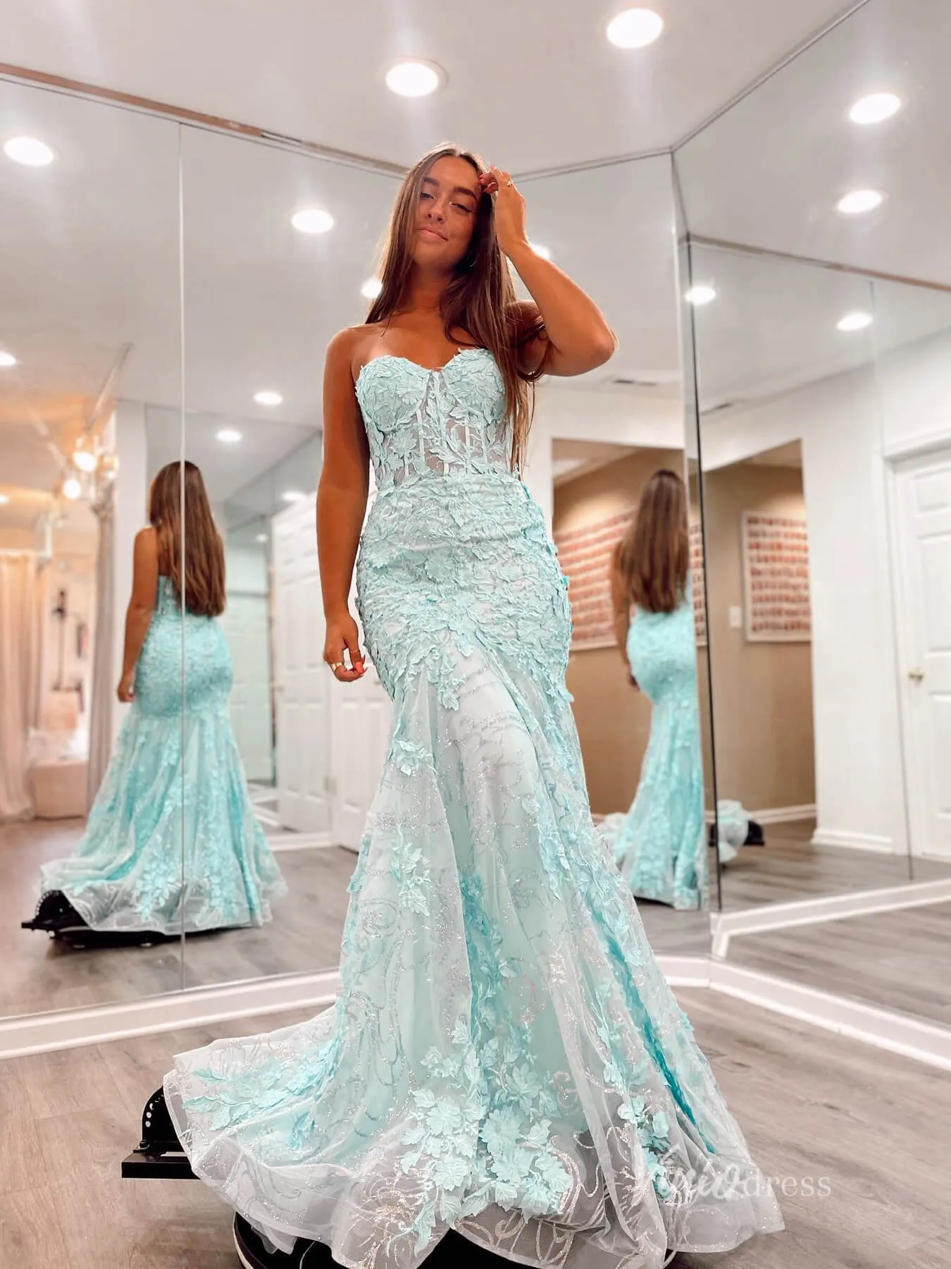 Aqua Lace Applique Mermaid Prom Dresses Strapless Evening Dress FD2684