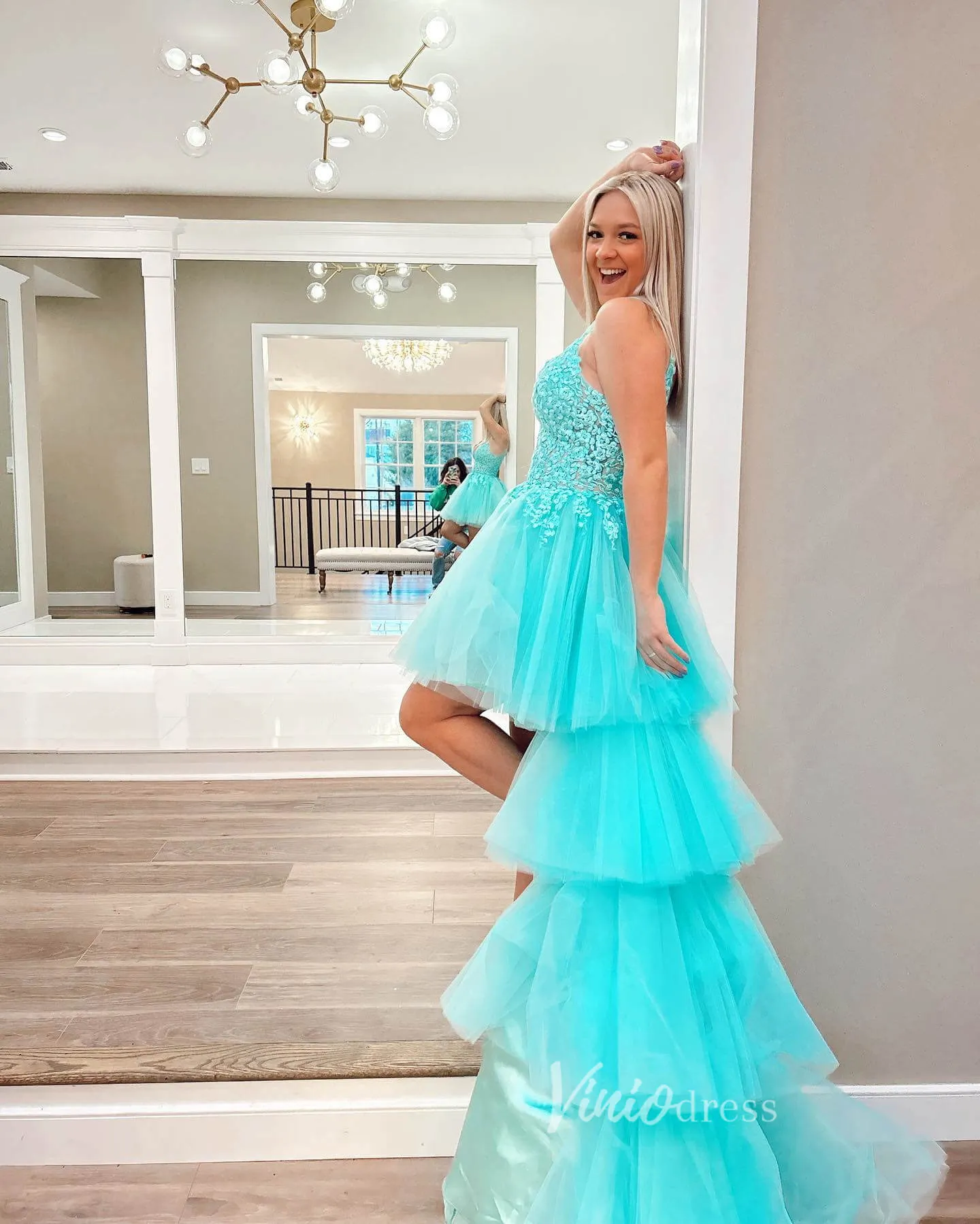 Aqua Ruffle High-Low Prom Dresses Lace Applique Spaghetti Strap Formal Dress FD3631