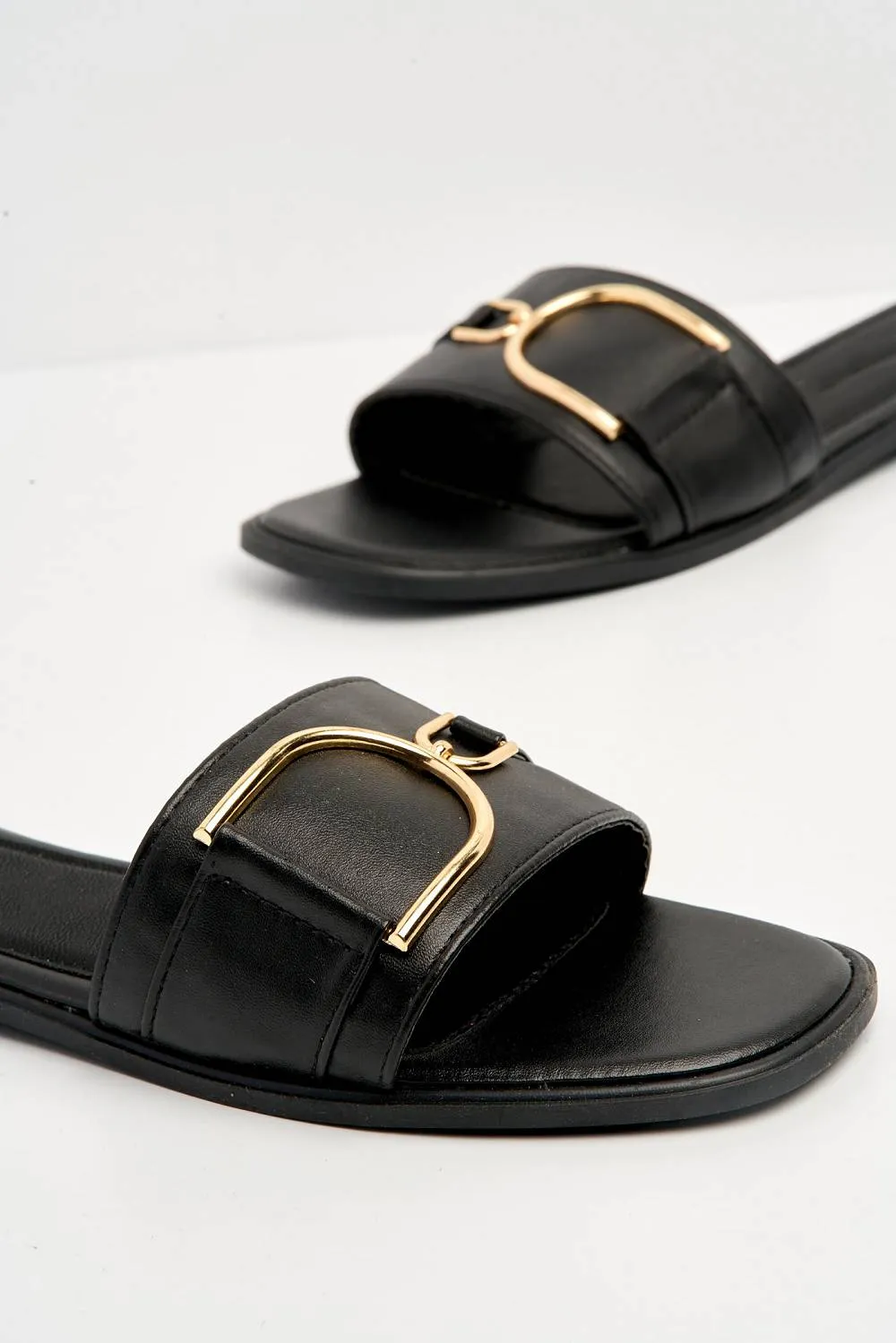 Arabella Gold Finish D Link Open Toe Sliders in Black