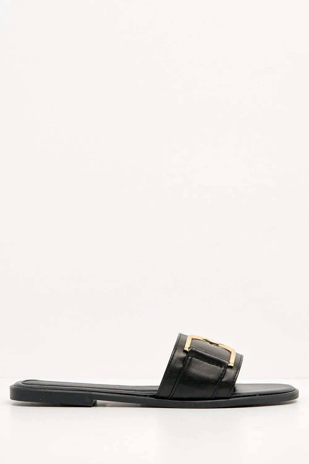 Arabella Gold Finish D Link Open Toe Sliders in Black