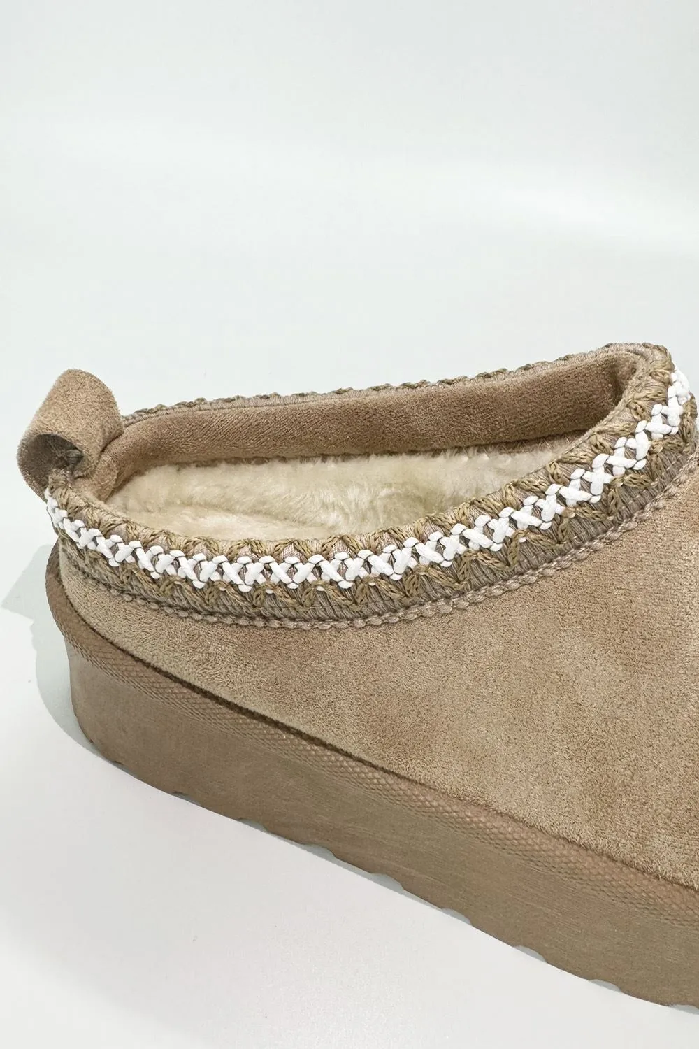 Astri Faux Fur Lining Knit Pattern Detail Flatform Slippers in Sand