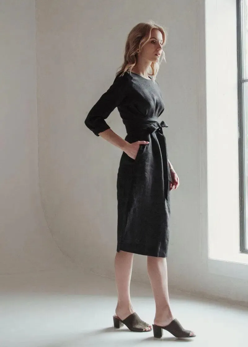 Audrey Black Belted Linen Dress - Long Sleeve / Midi