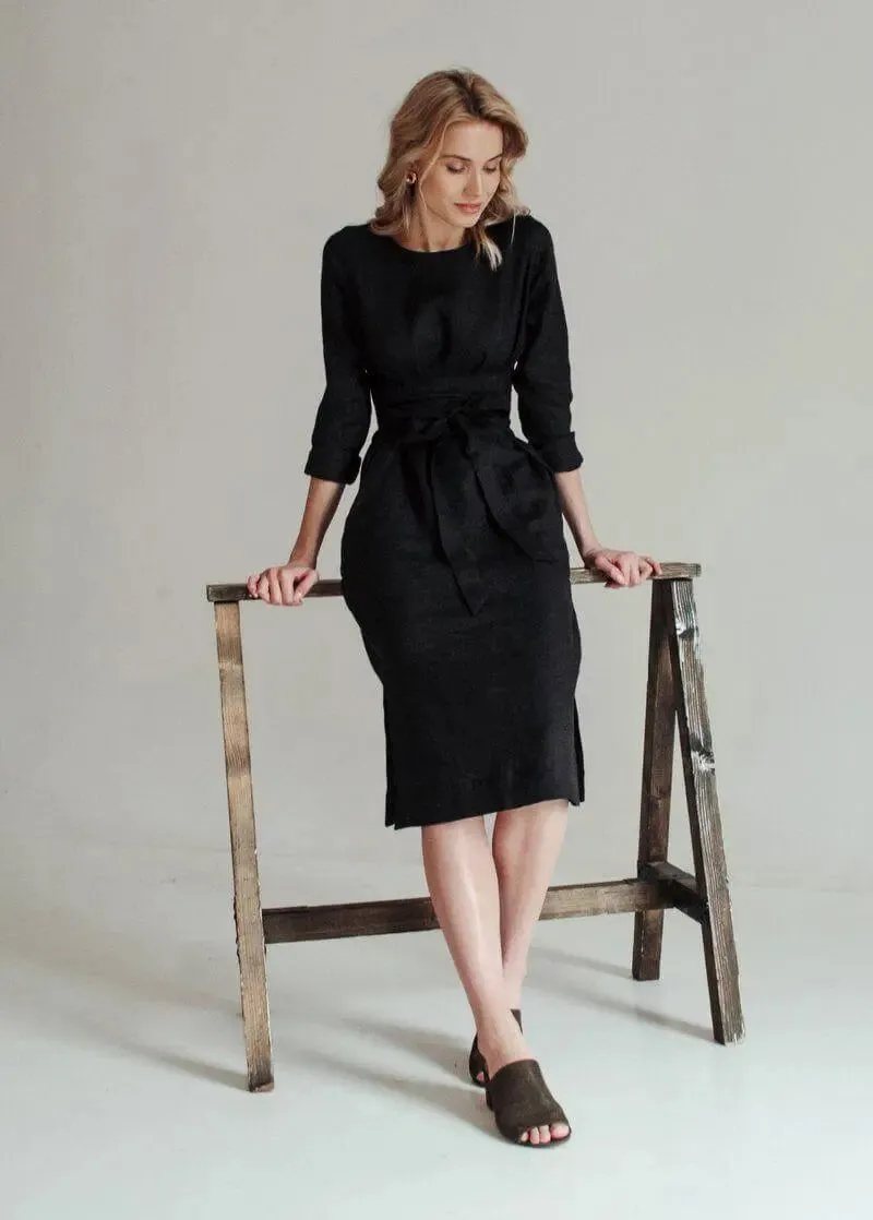 Audrey Black Belted Linen Dress - Long Sleeve / Midi