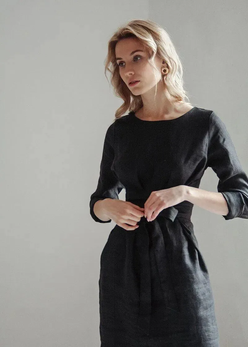 Audrey Black Belted Linen Dress - Long Sleeve / Midi